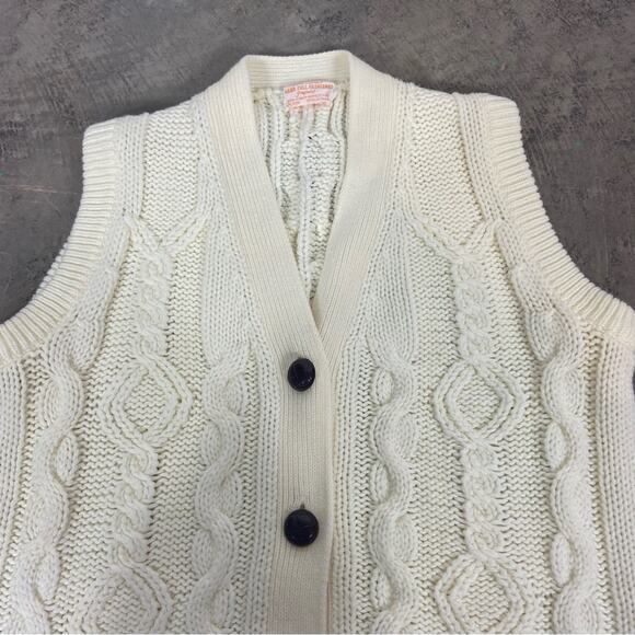 Vintage 70s Small Ivory Chunky Knit Cable Knit Cardigan Style Sweater Vest - Picture 6 of 10